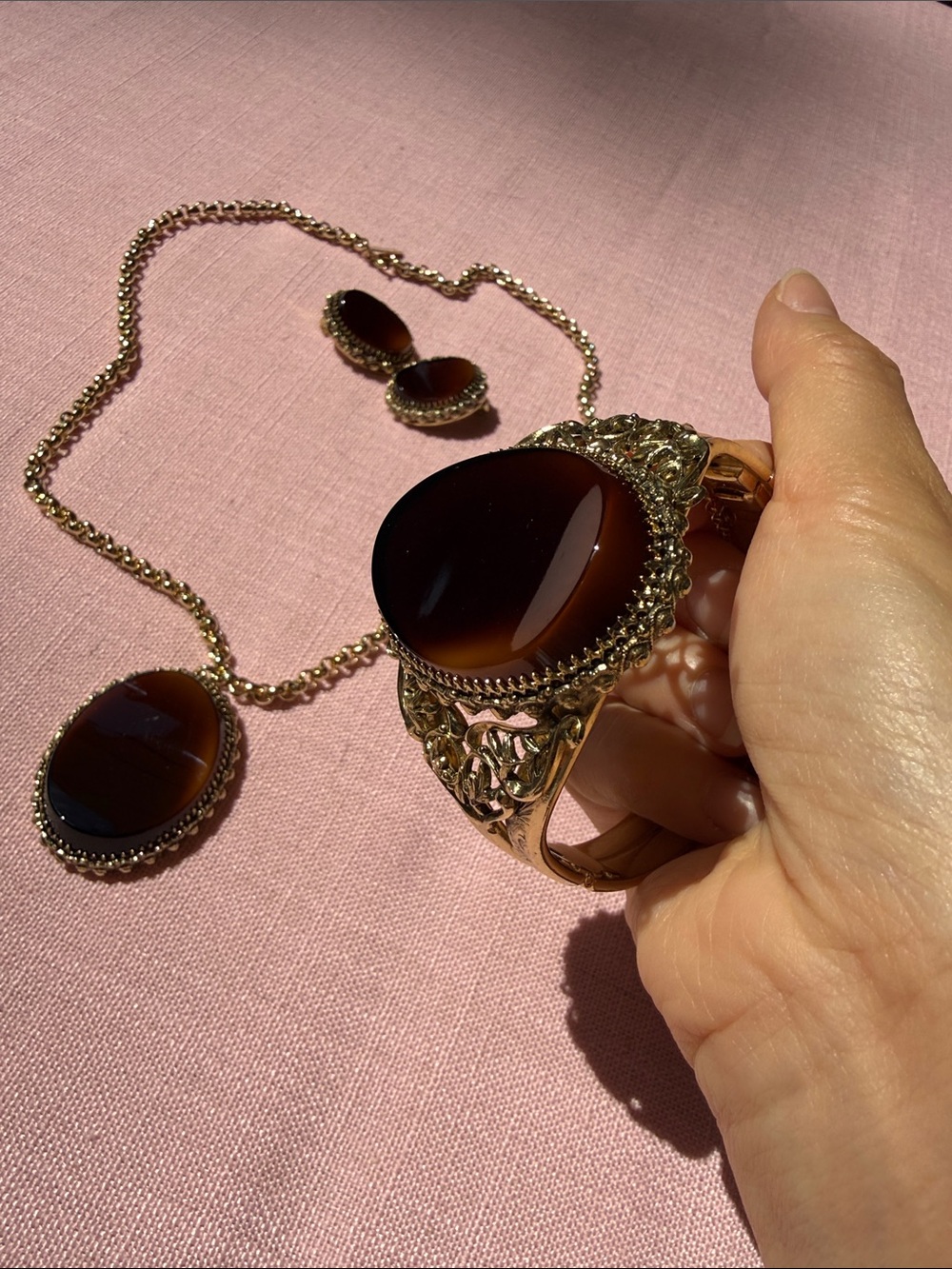 Whiting & Davis Brown Cabochon Necklace Bracelet Earrings Set
